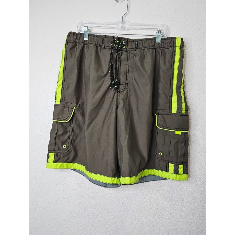 Joe Boxer Mens Cargo Swim Trunks Green Neon Lime Size Large Pockets Board Shorts